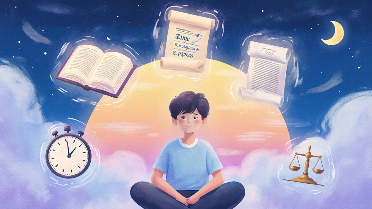 Abstract scene of five floating icons (books, clock, test paper, walk, sleep) surrounding a calm student practicing balance.