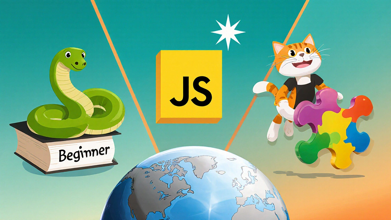 Collage of Python snake, JavaScript symbol, and Scratch cat in bright colors.