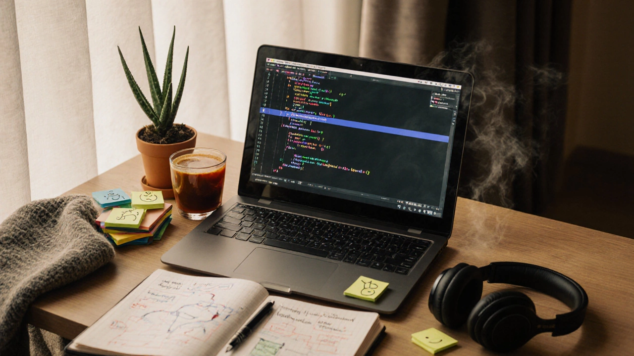 Cozy coding workspace with laptop, chai cup, plant, and notebook.