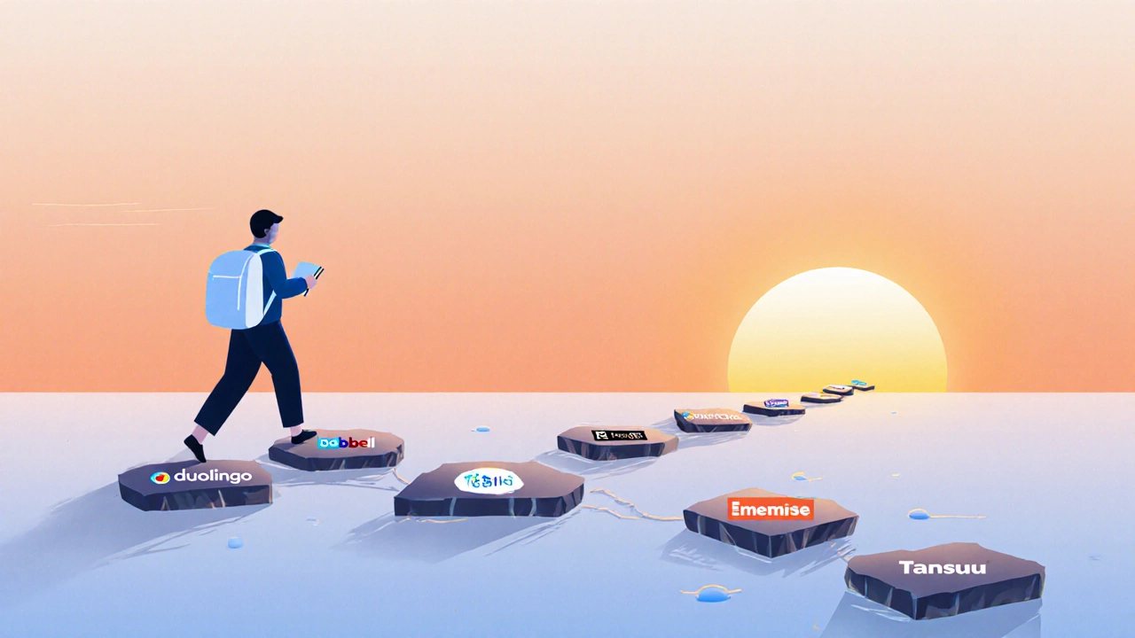 Figure walking along a sunrise path of stepping stones marked with language‑learning app logos.