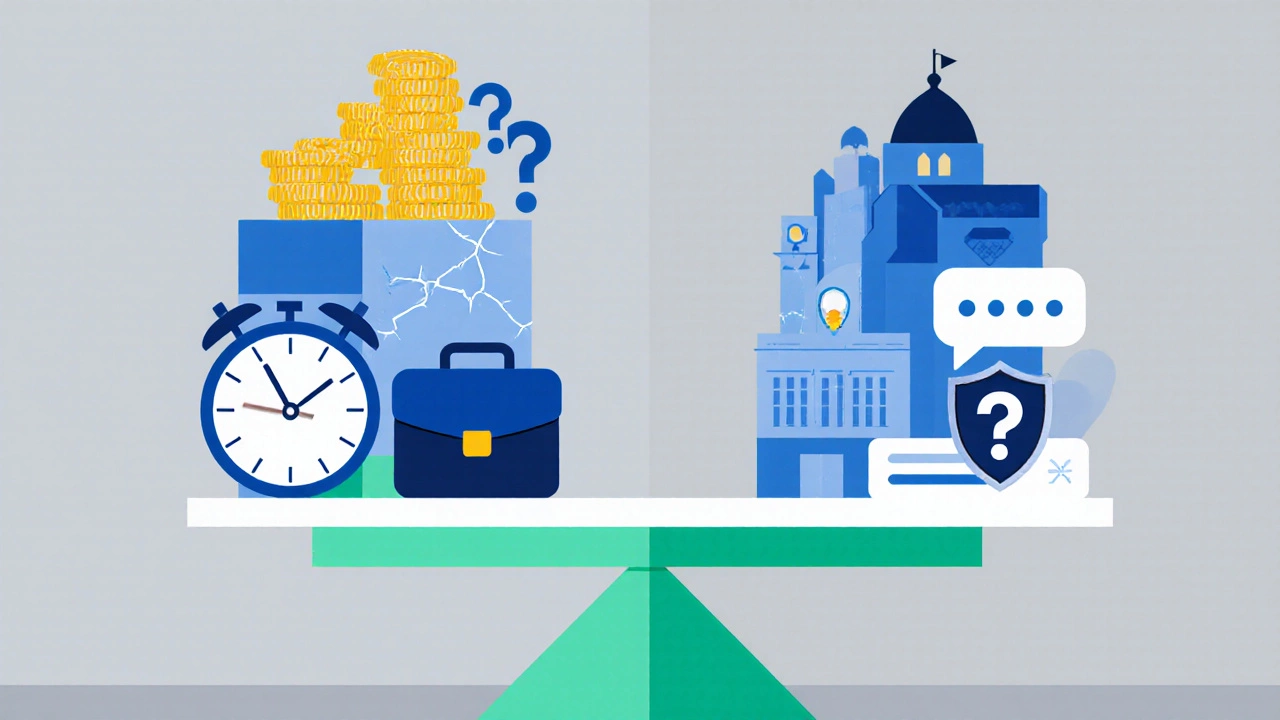 Flat‑design scale balancing icons of free course benefits against drawbacks, cool blue background.