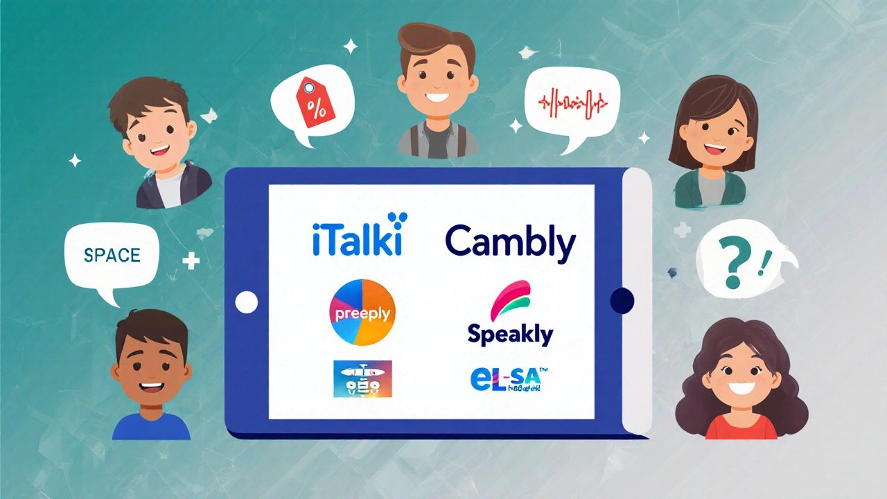 Flat illustration of language platforms icons and diverse learners with speech bubbles.
