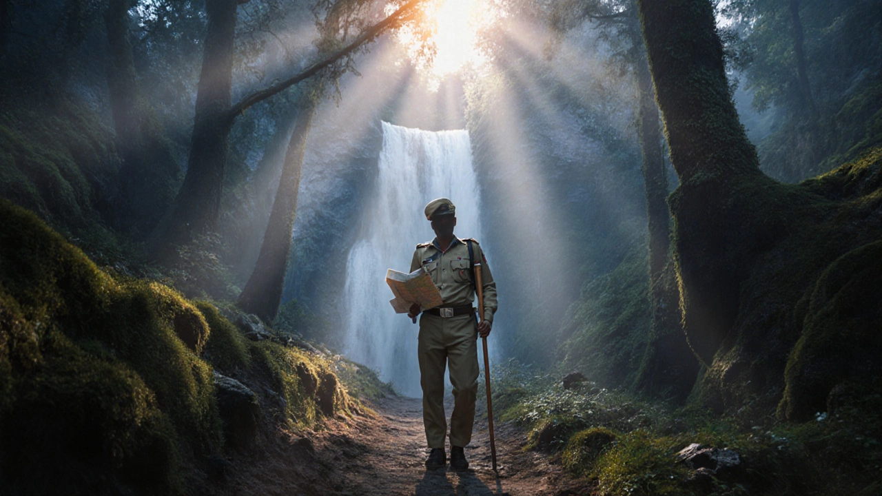 Forest guard patrolling a misty mountain forest at sunrise.