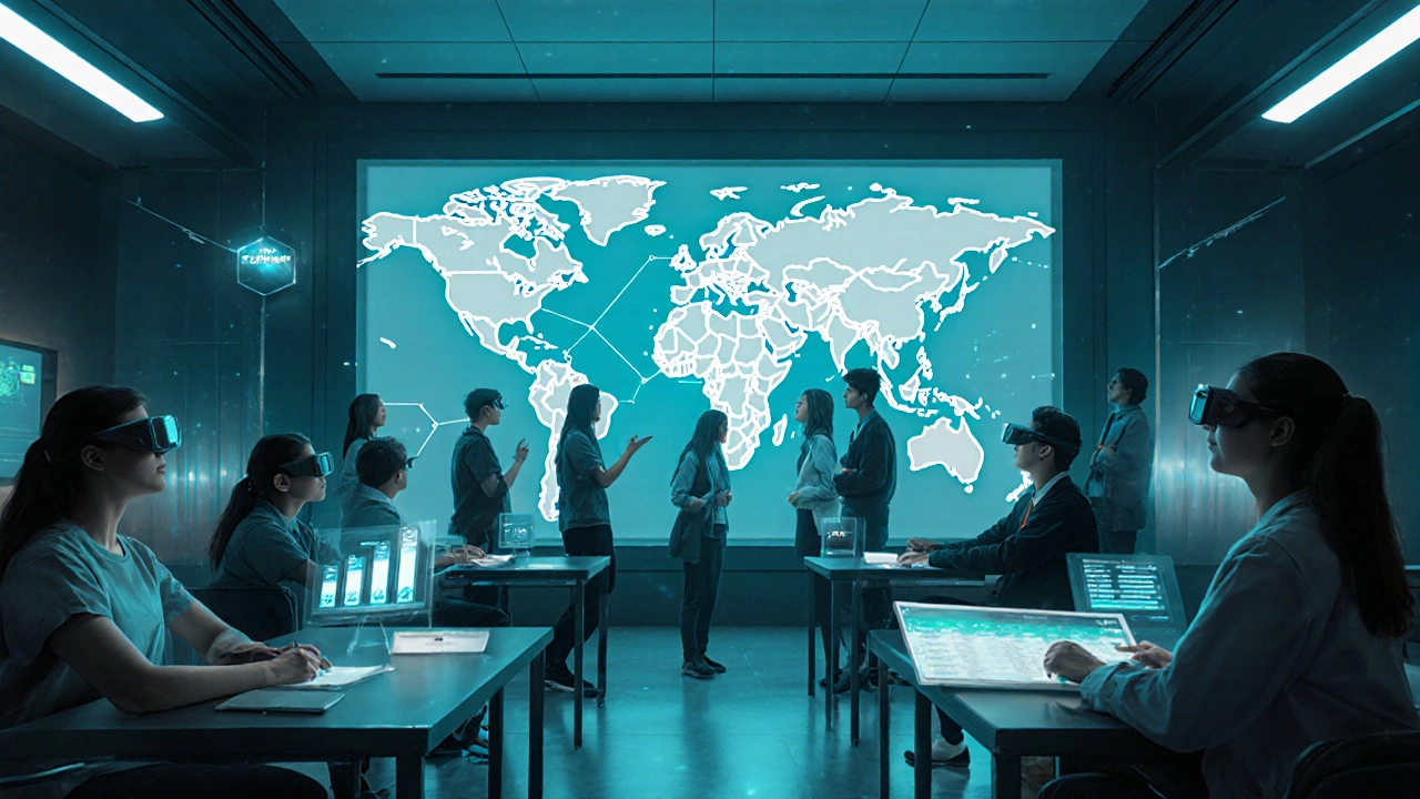 Futuristic classroom where diverse students use holographic tools to study medical subjects.