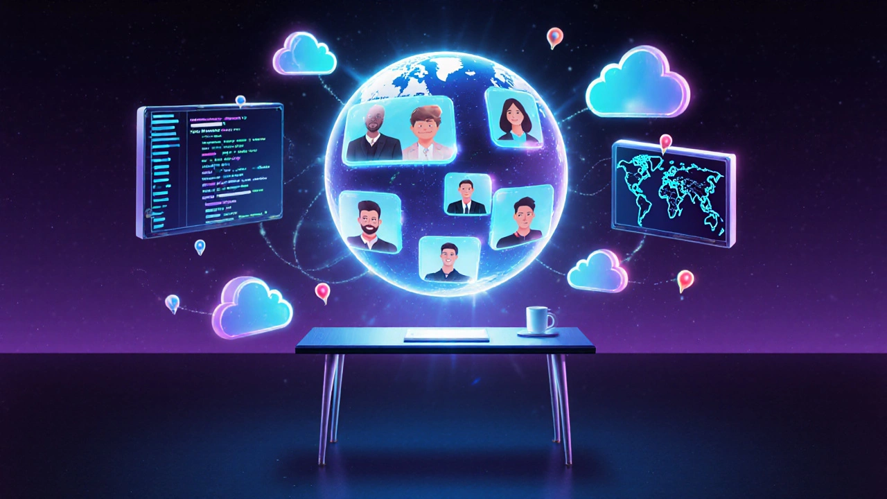 Futuristic scene of a holographic virtual office connecting remote developers worldwide.