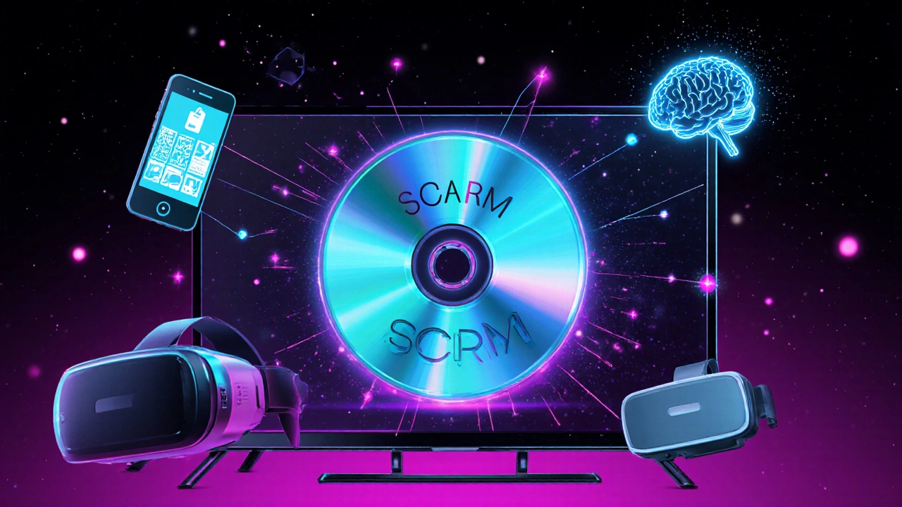 Futuristic scene with SCORM DVD, micro‑learning phone, AI brain, and VR headset.