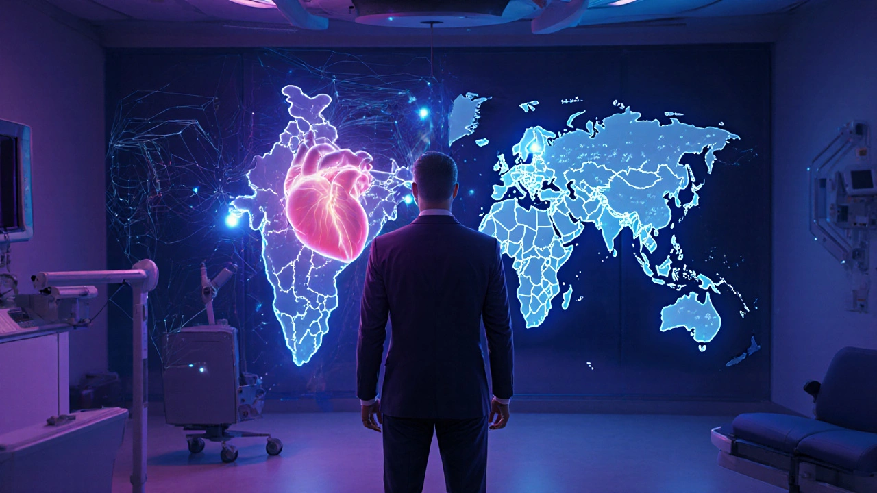 Futuristic surgeon viewing a holographic heart with AI data in a neon-lit OR.
