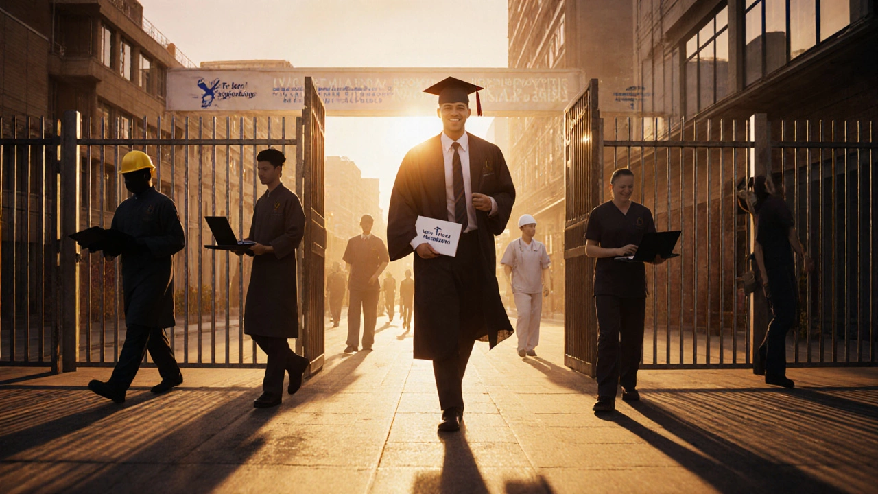 Graduate leaving school stepping into a city scene with various professional silhouettes.