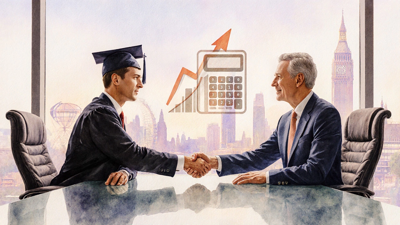 Graduate shaking hands with executive, with calculator and growth arrow overlay, city silhouettes behind.