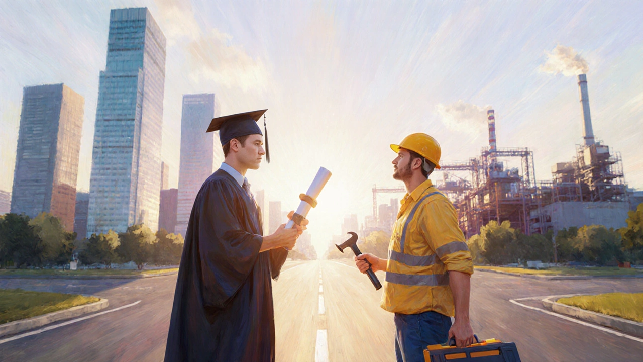 Graduate with diploma and tradesperson with toolbox standing before a city skyline.