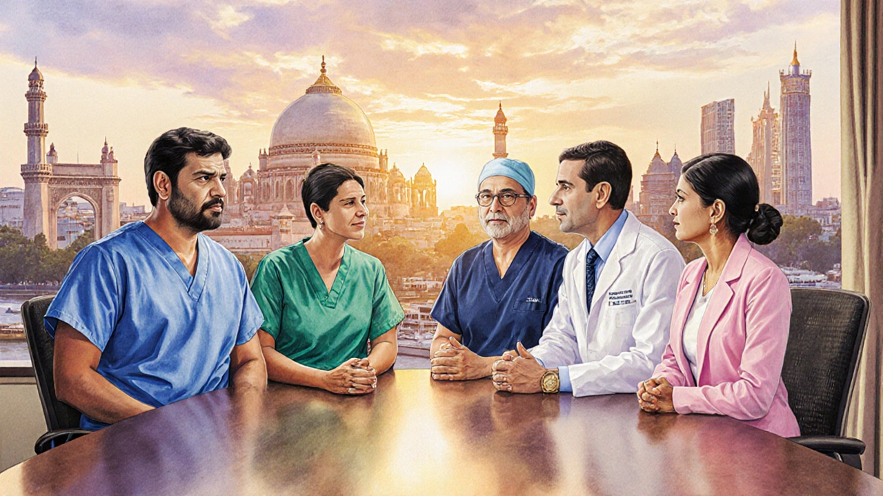 Group of top Indian specialists seated at a table with city skylines behind them.