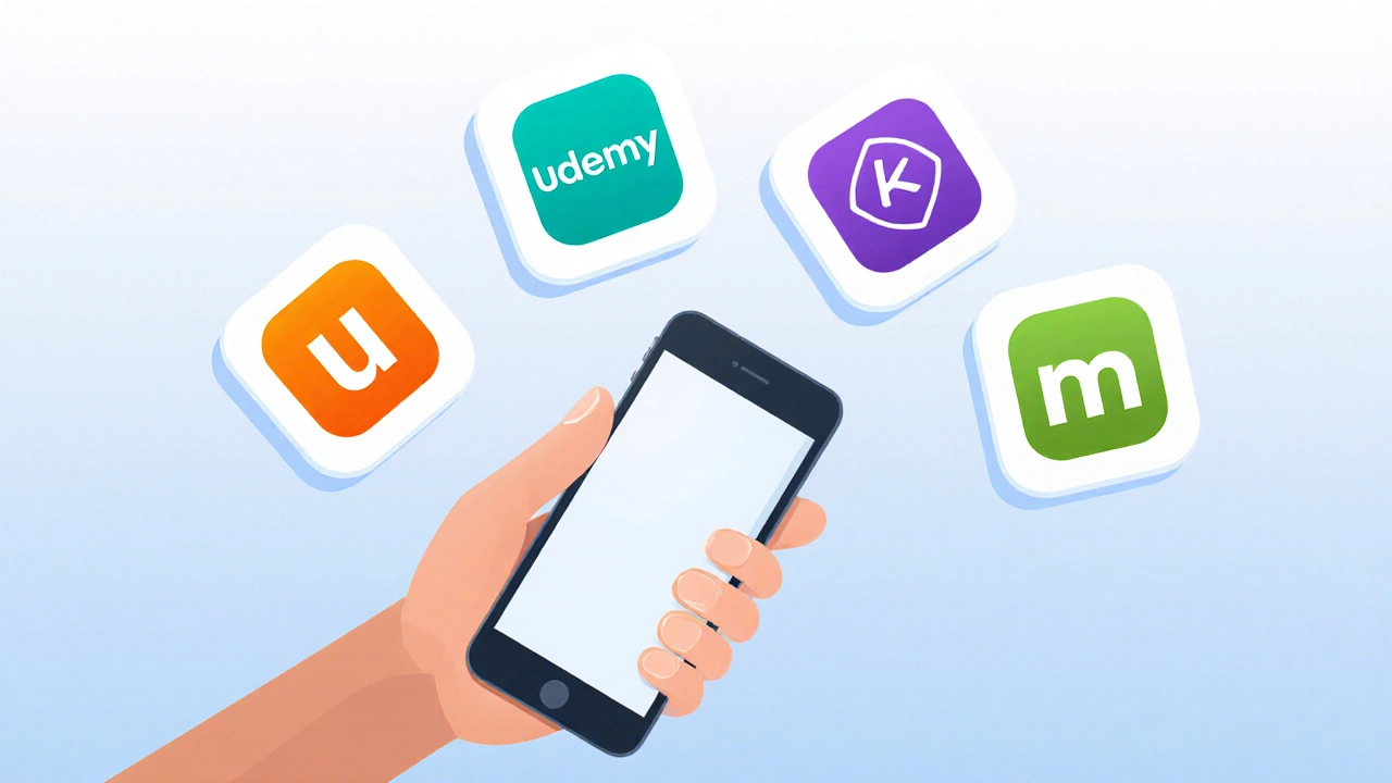 Hand holding phone with floating icons for four eLearning apps.