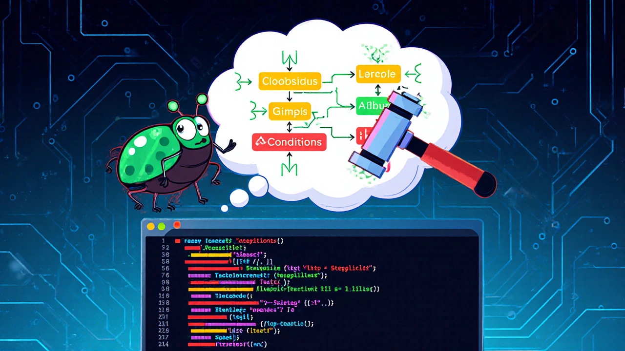 Illustrated code editor with syntax errors and a flowchart thought bubble.