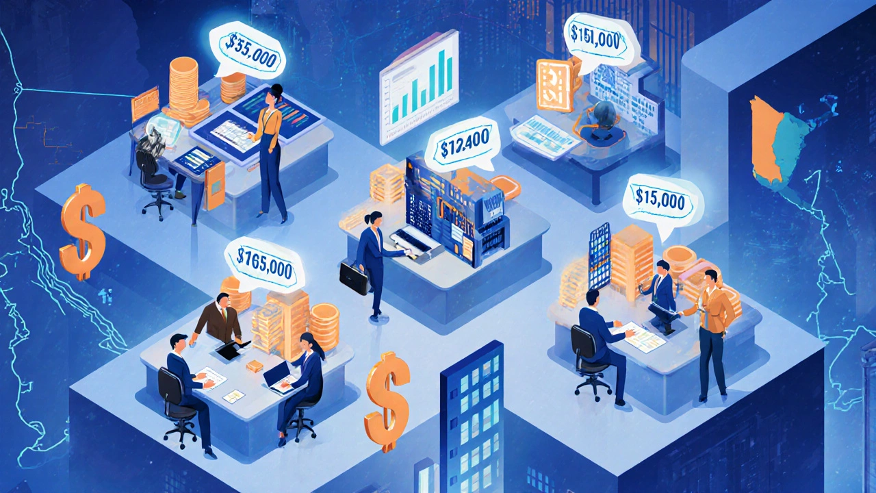 Isometric office scene showing professionals in consulting, banking, tech, healthcare, and private equity with salary tags.
