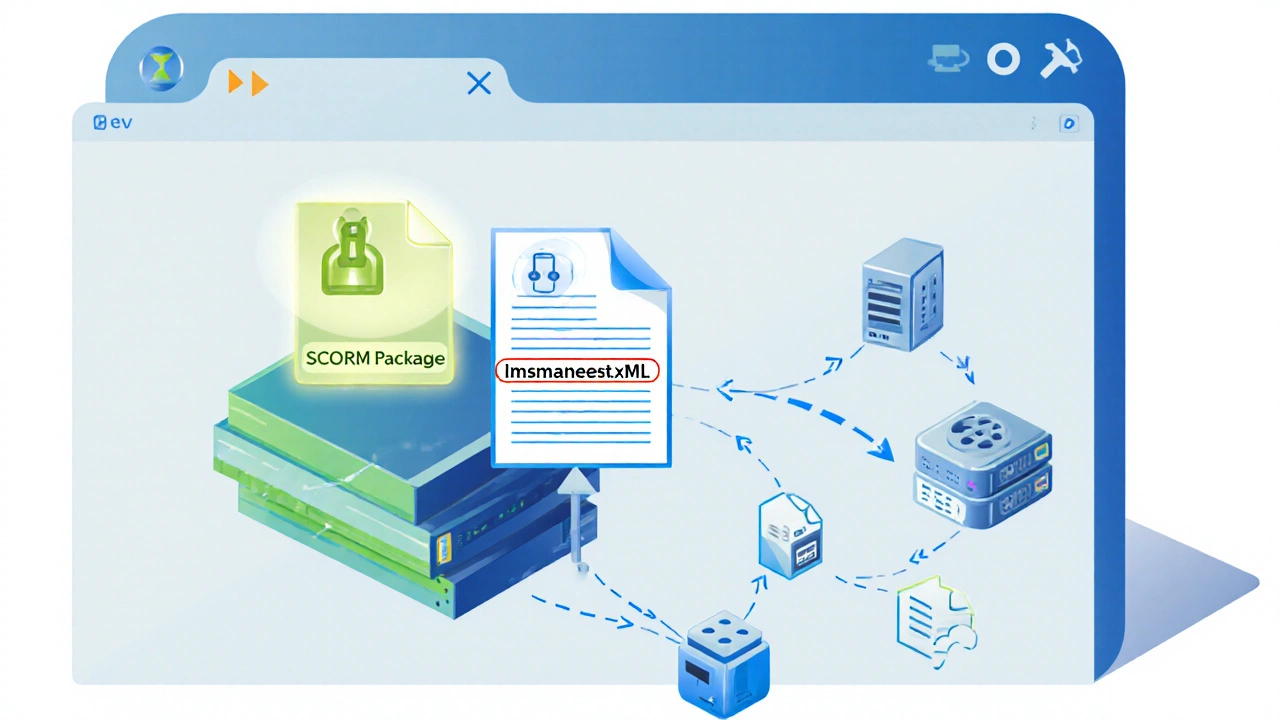 Isometric view of a SCORM zip file with manifest linking to an LMS server.