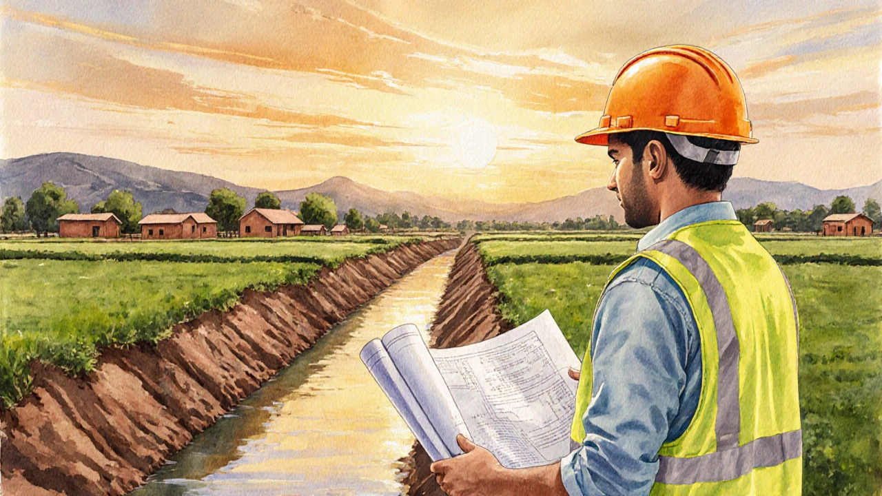Junior engineer inspecting a rural irrigation canal with blueprints in hand.