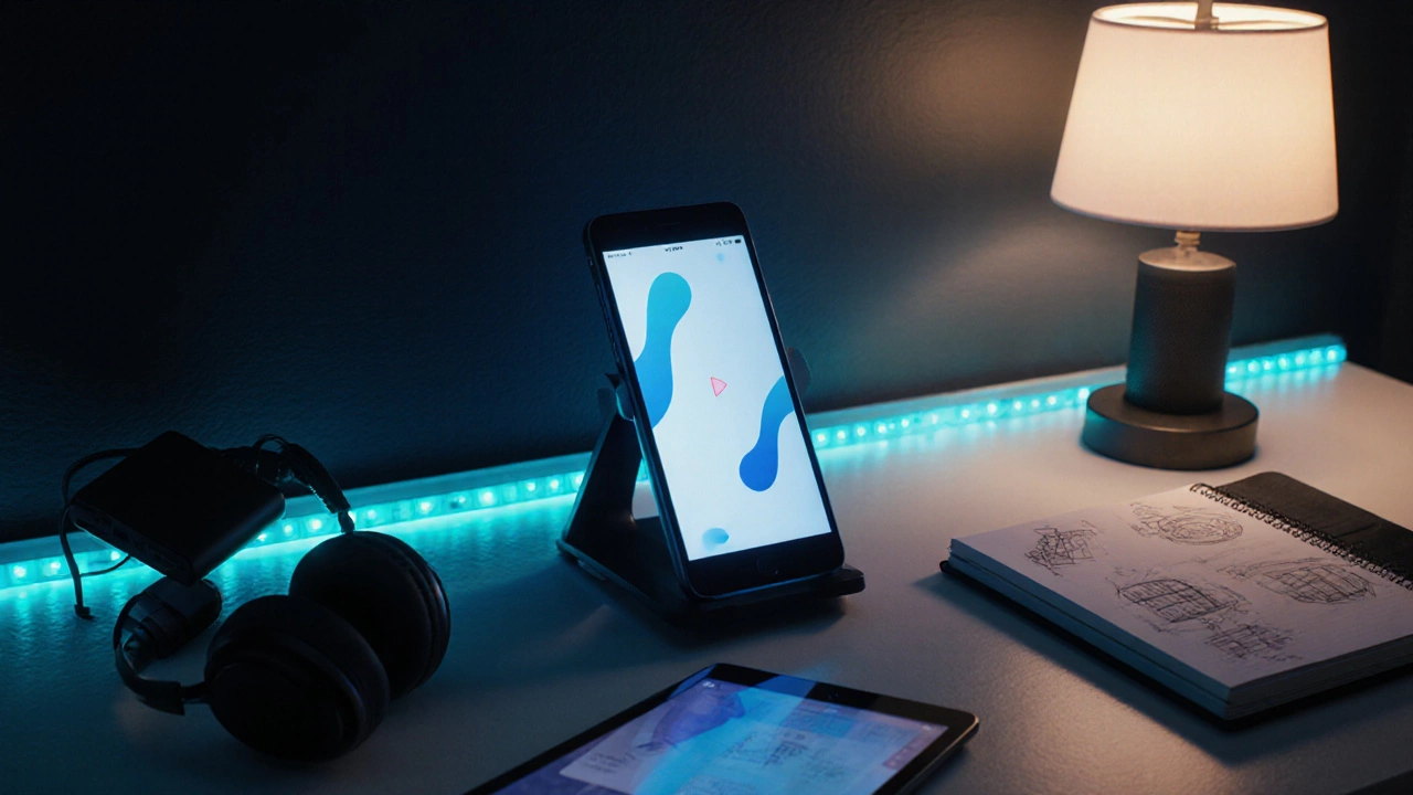 Nighttime study setup with phone on stand, earbuds, and lamp.
