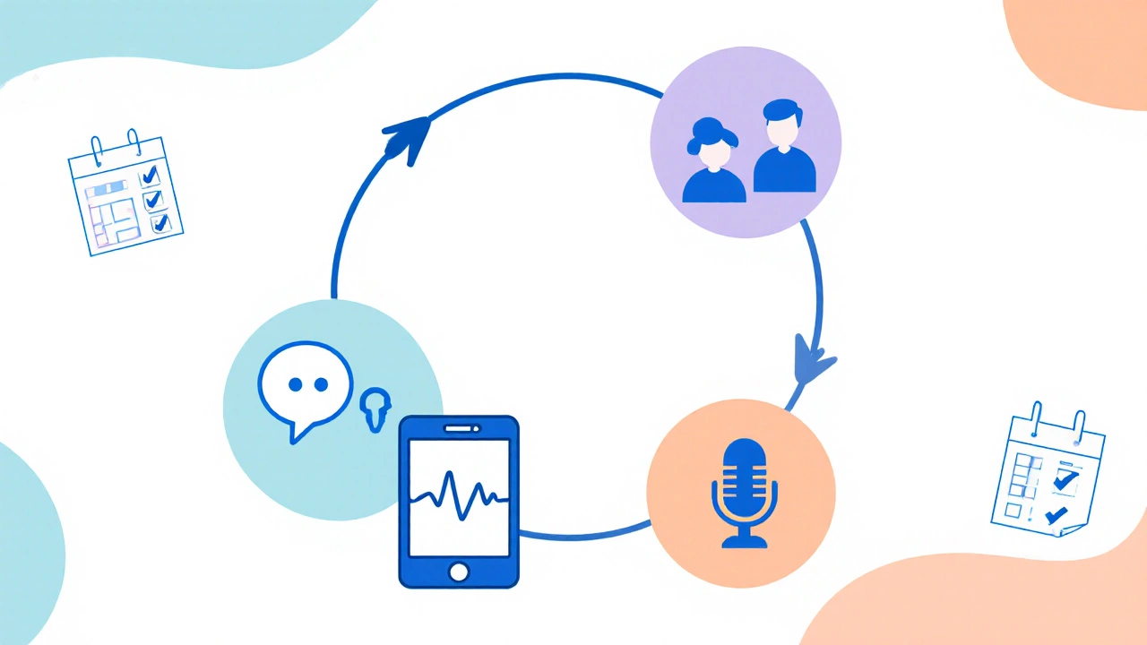 Pastel loop diagram showing warm‑up app, video call, and review waveform.