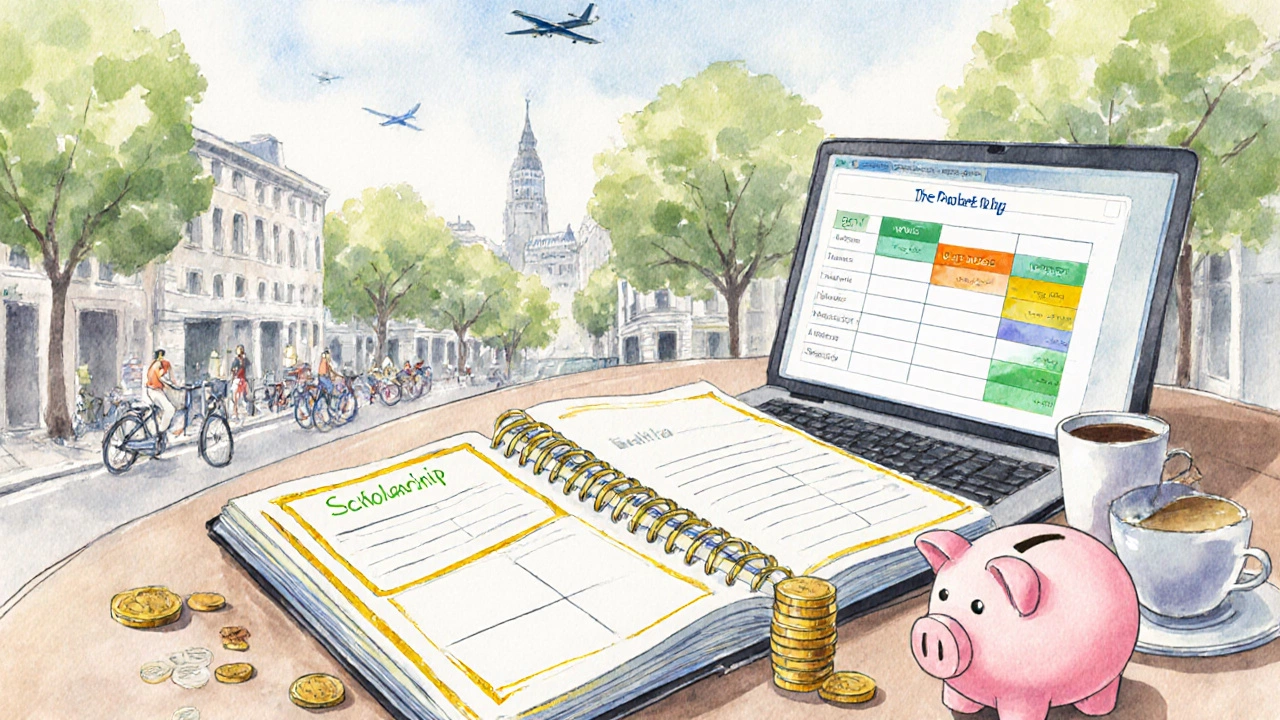 Planner with scholarship, piggy bank, and spreadsheet icons on a café table.