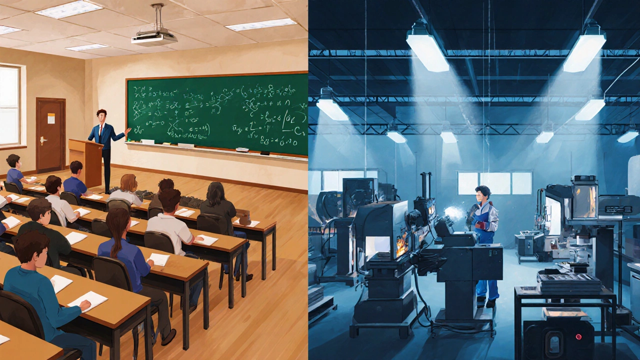 Side‑by‑side view of a lecture hall and a hands‑on trade workshop.