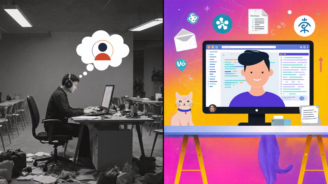 Split illustration showing a lone developer versus one using video calls, Slack, and GitHub.