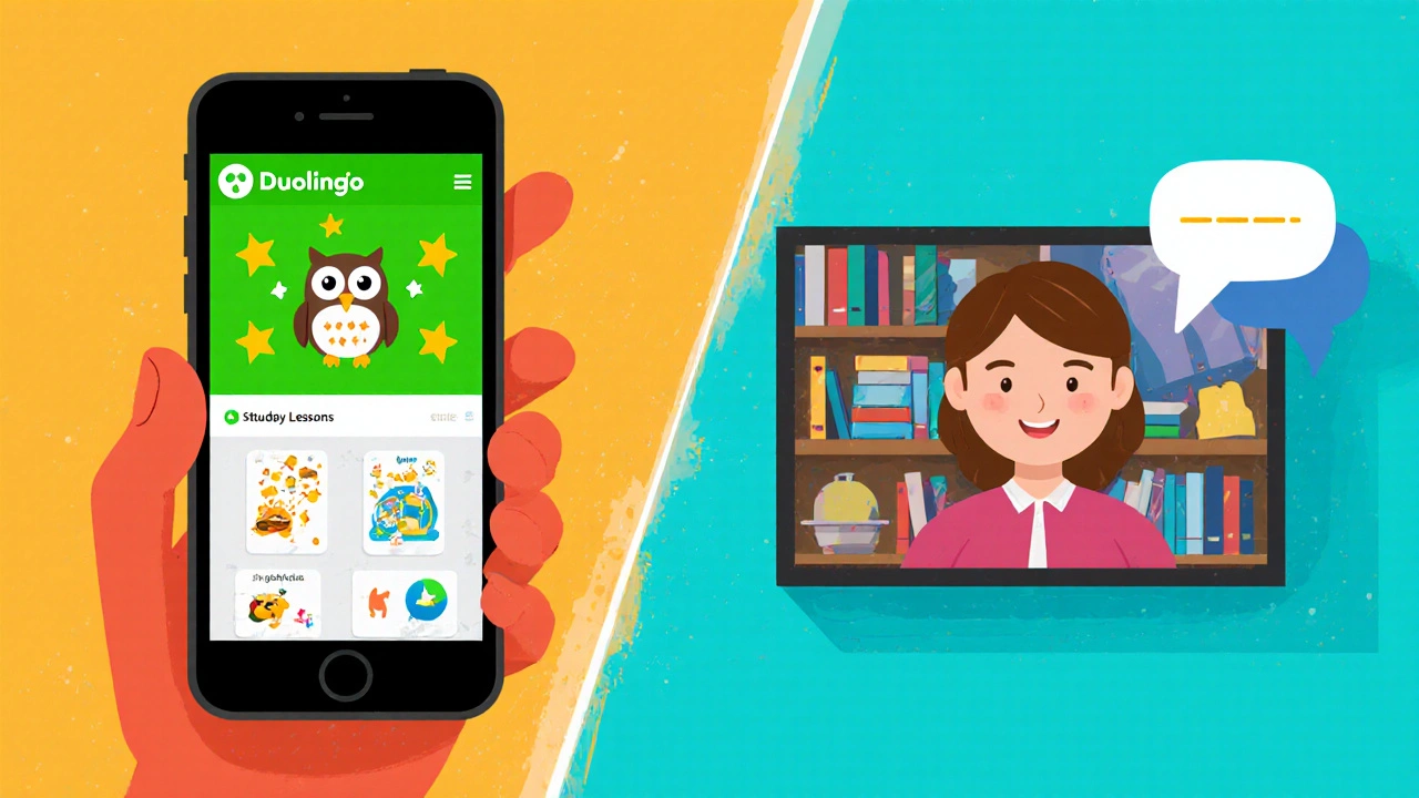 Split view of Duolingo lessons on a phone and a video call with an English tutor.