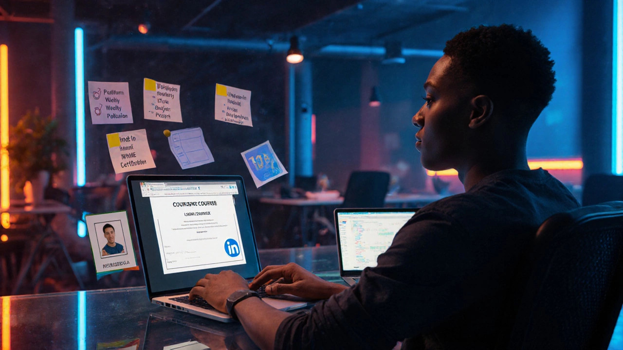Student in coworking space showcasing certificate, portfolio project, and checklist, neon lighting.