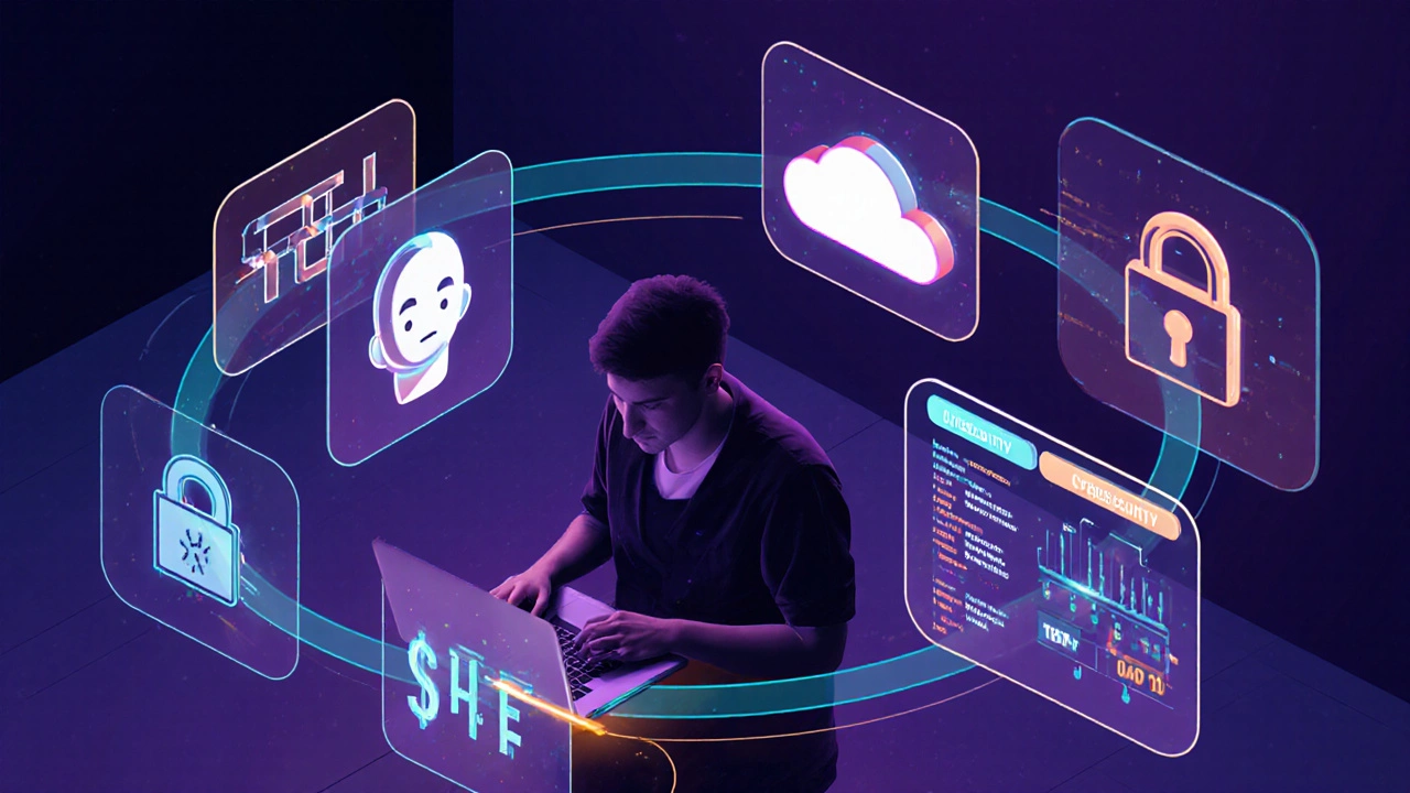 Student on laptop surrounded by holographic dashboards showing salary figures and course icons.