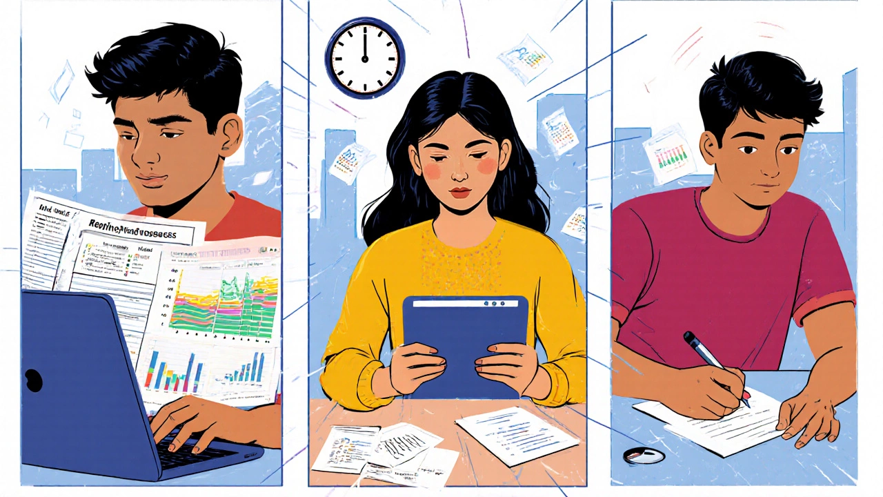 Three focused students immersed in study: one with a spreadsheet, one watching a video lecture, one solving mock test questions.