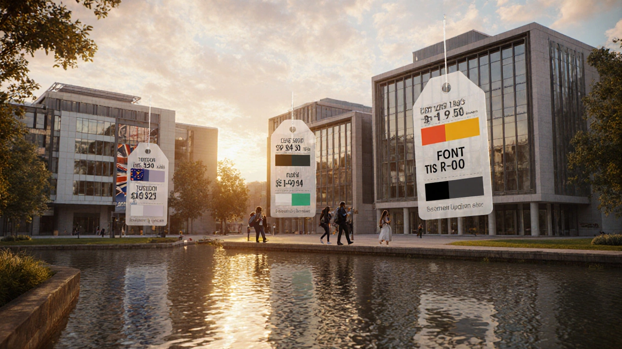 University buildings from US, UK, and Germany with hovering tuition cost bars at sunset.