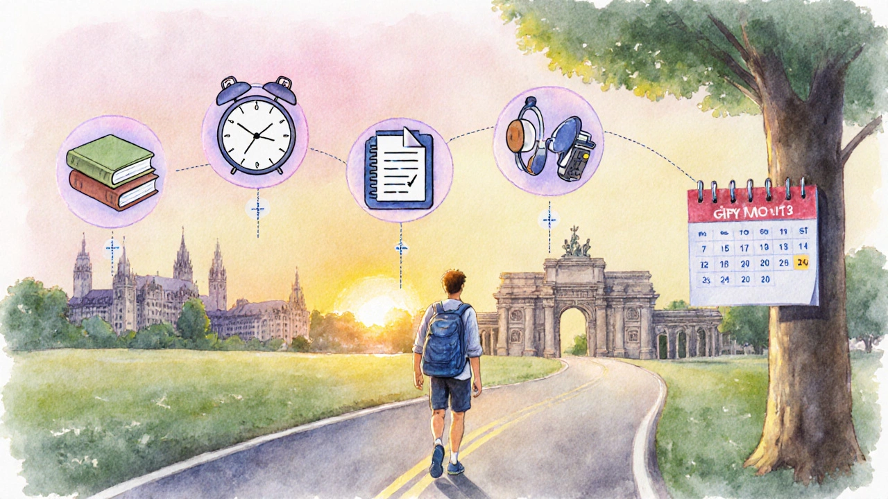 Watercolor timeline road with exam icons leading to a university gate.
